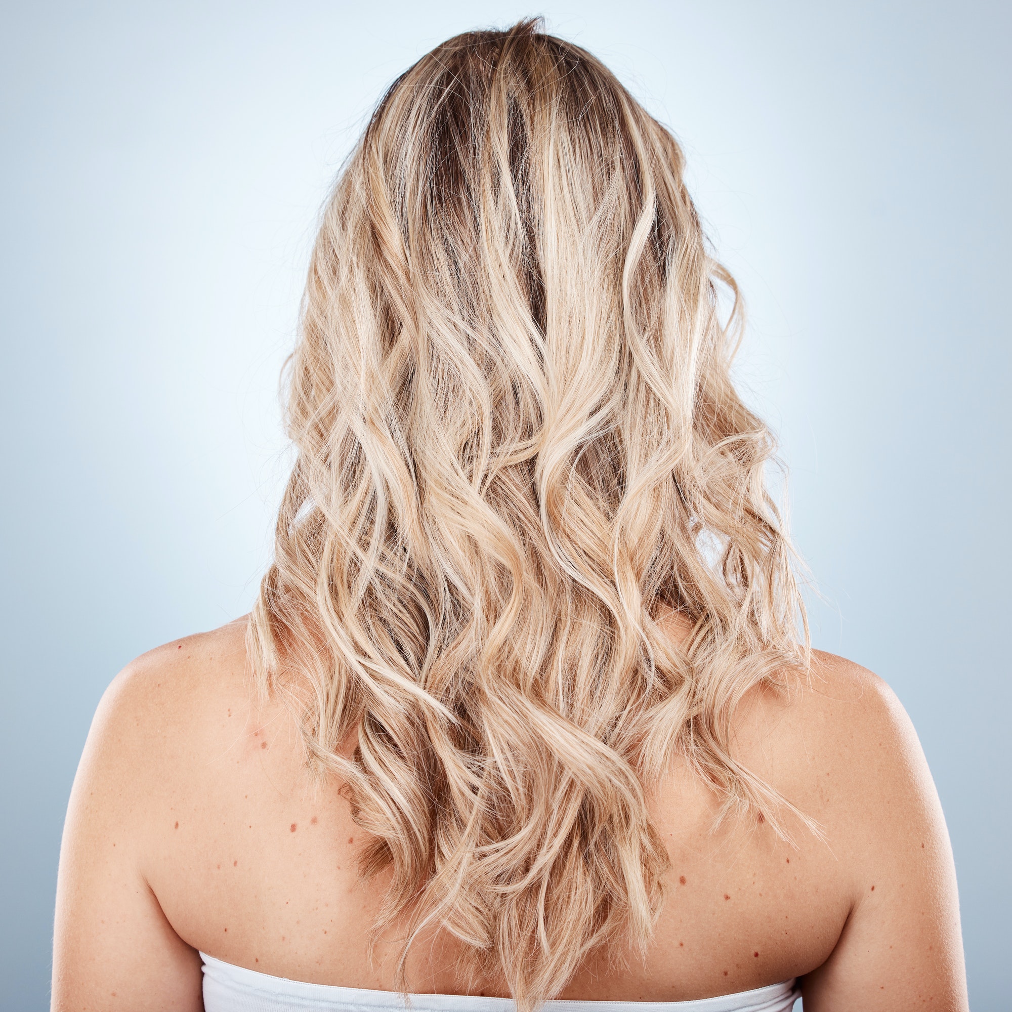 Hair care, beauty and back of woman in studio on a gray background. Balayage, hairstyle and female